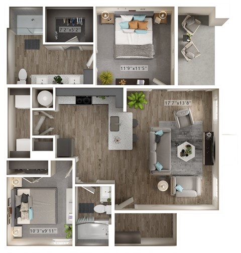 Floor plan for 2 beds, 2 baths, 997 sqft